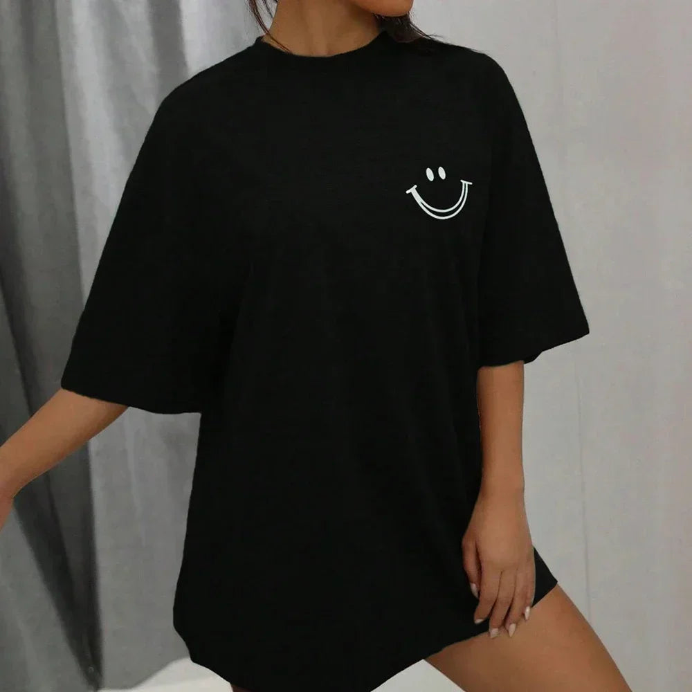 Happy Expression Printed Women Short Sleeve Street Hip Hop Tee Clothing All-math Breathable Tops Crewneck Women T-Shirts