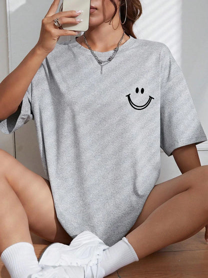 Happy Expression Printed Women Short Sleeve Street Hip Hop Tee Clothing All-math Breathable Tops Crewneck Women T-Shirts